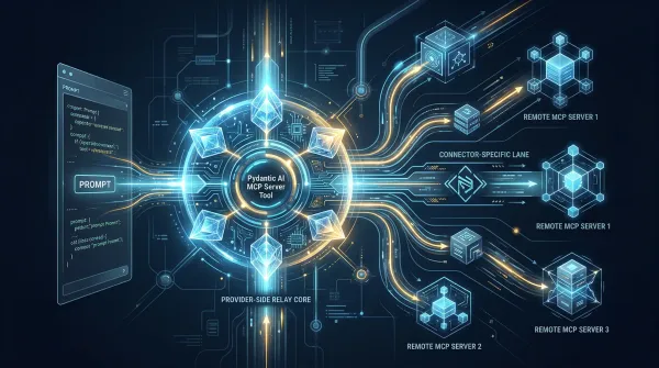 Futuristic editorial illustration of a provider-side MCP control lane routing through remote servers and connectors