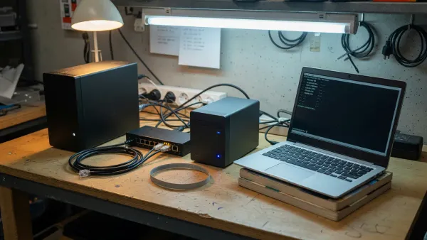 Two desktop PCs on a workbench with Ethernet cables and a terminal showing a job queue, no readable brand logos