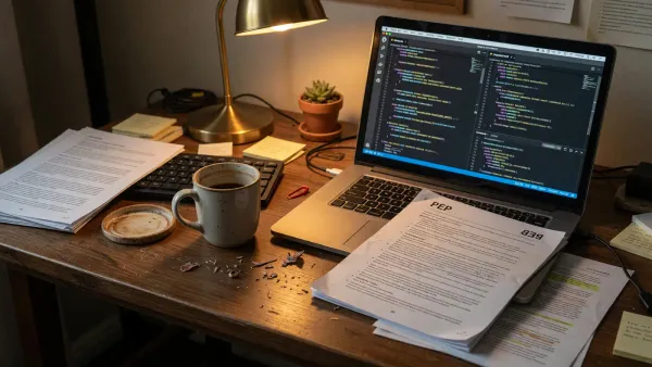 Laptop on a desk showing a Python traceback and a pyproject.toml, coffee mug, no readable secrets