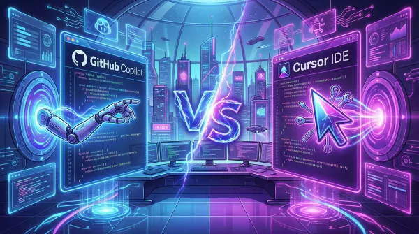 GitHub Copilot vs Cursor AI comparison showing two AI coding assistants in a futuristic development environment