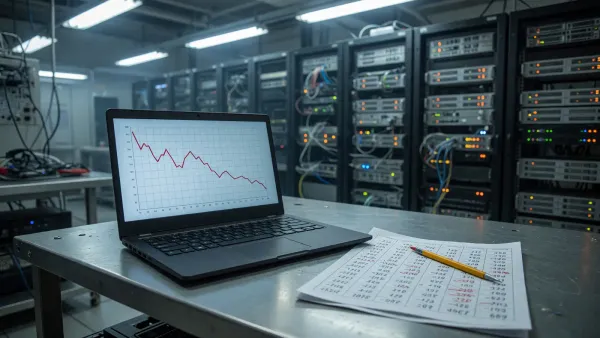 Laptop on a rack-room table showing a tokens-per-second chart next to a printed H100 spec sheet, cool overhead light, no logos