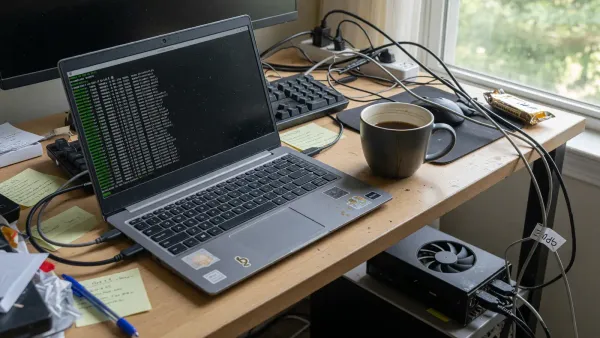 A Python terminal on a laptop showing a pip freeze of transformers and huggingface-hub, Ethernet cable and a small GPU workstation in the background, no readable logos