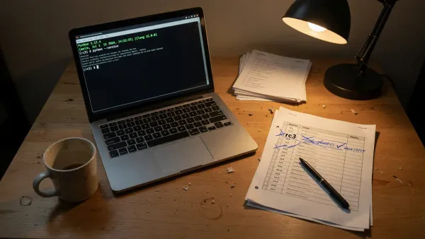 Laptop on a desk showing a Python REPL and a printed release checklist with rc3 crossed out, desk lamp, no logos or readable secrets