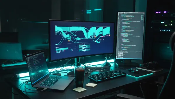A night operations desk with monitors showing workflow graphs and Python automation scripts