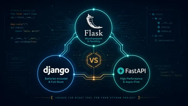 Three Python framework logos arranged in a triangular comparison layout on a dark code-themed background