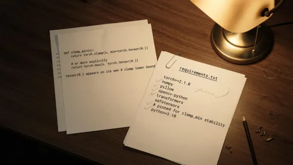 Printed PyTorch snippet showing clamp_min gradient tensor(0.) next to a pinned requirements.txt, desk lamp, no logos