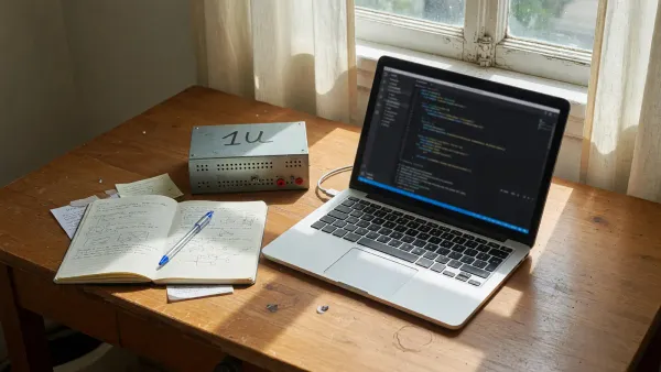A laptop on a desk showing a Python editor with a FastAPI snippet, a small unlabeled server rack toy beside it, daylight, no logos