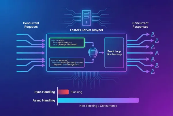FastAPI async programming workflow diagram showing concurrent request handling
