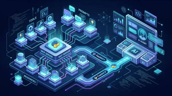 Futuristic editorial illustration of a Python MCP server with connected tools, resources, and prompts