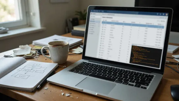 Laptop on a desk showing a Django admin list view and a terminal, coffee mug, no readable secrets