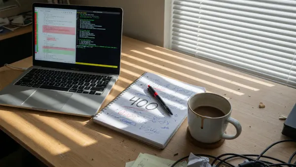 Laptop on a desk showing a pull-request diff and a terminal with a short ruff report, notebook with 400 lined out, no logos