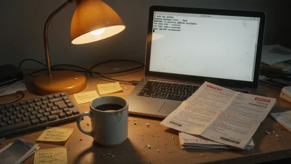 Terminal showing pip show langflow next to a printed IBM bulletin page on a desk, warm lamp, no logos