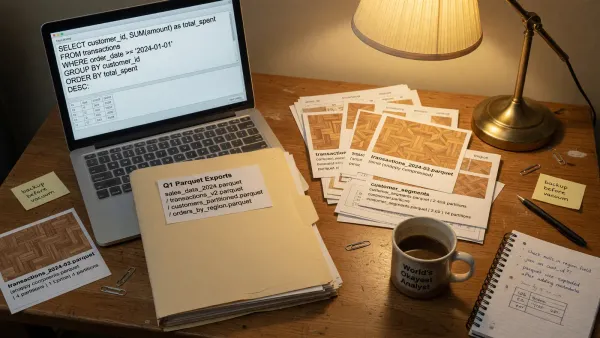 Laptop showing a SQL catalog query next to a folder of parquet files on a desk, no vendor logos