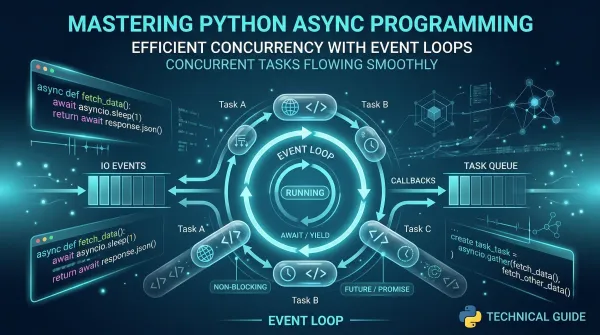 Python async programming guide with code visualization and event loop diagram