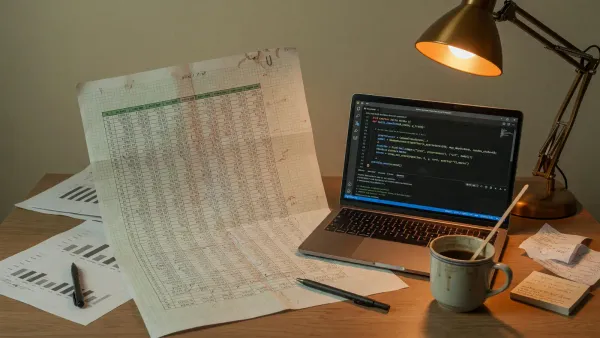 Printed table of numbers beside a laptop with a scikit-learn style Python snippet, desk lamp, no logos or readable PII