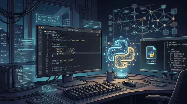 Editorial illustration of uv-based Python project management with lockfiles and terminal workflow