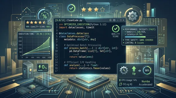 Code editor showing modern Python quality tooling, type hints, and performance optimization workflow