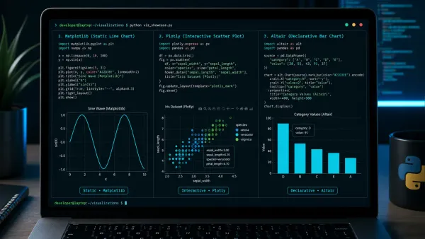Three different chart types displayed on a laptop screen showing Python data visualization outputs, cyan gradient tones