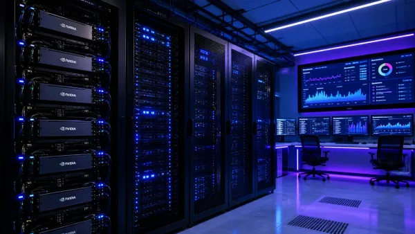 Server racks with GPU clusters in a data center, blue and purple lighting