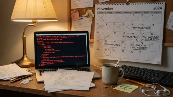 Terminal window showing an RSS XML error next to a paper calendar with 13 November circled, desk lamp, no logos