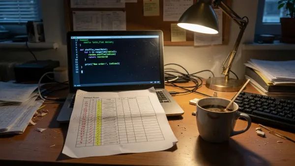Terminal with a Polars collect() call next to a printed join-order warning on a desk, warm lamp, no logos
