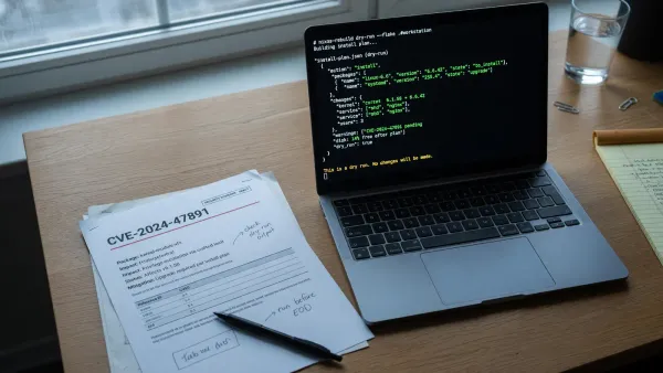 Terminal on a laptop showing a dry-run JSON install plan next to a printed CVE identifier, wood desk, no logos