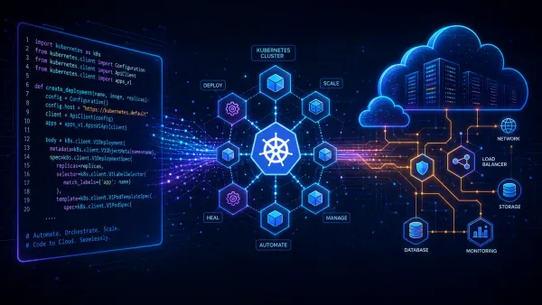Illustration showing Python code transforming into Kubernetes clusters, GitOps pipelines, and cloud infrastructure — the three pillars of cloud-native automation in 2026