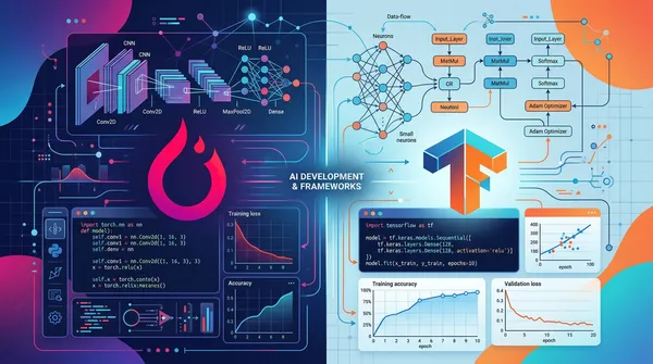 Side-by-side comparison graphic of PyTorch and TensorFlow for deep learning projects