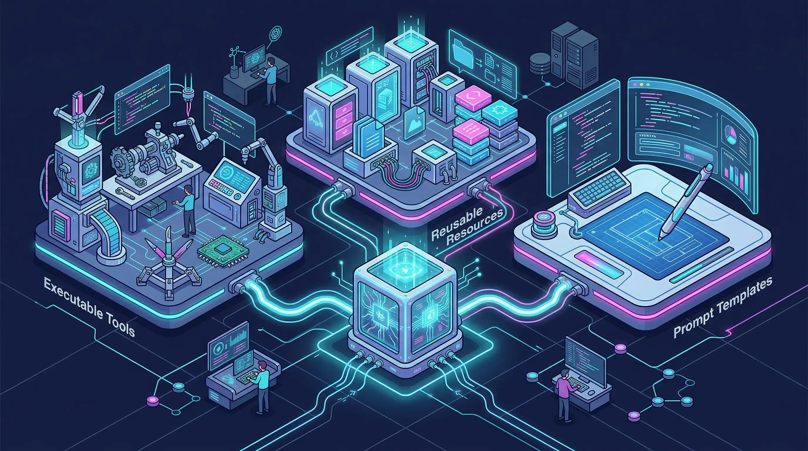 Concept illustration of a Python MCP server exposing tools, resources, and prompts