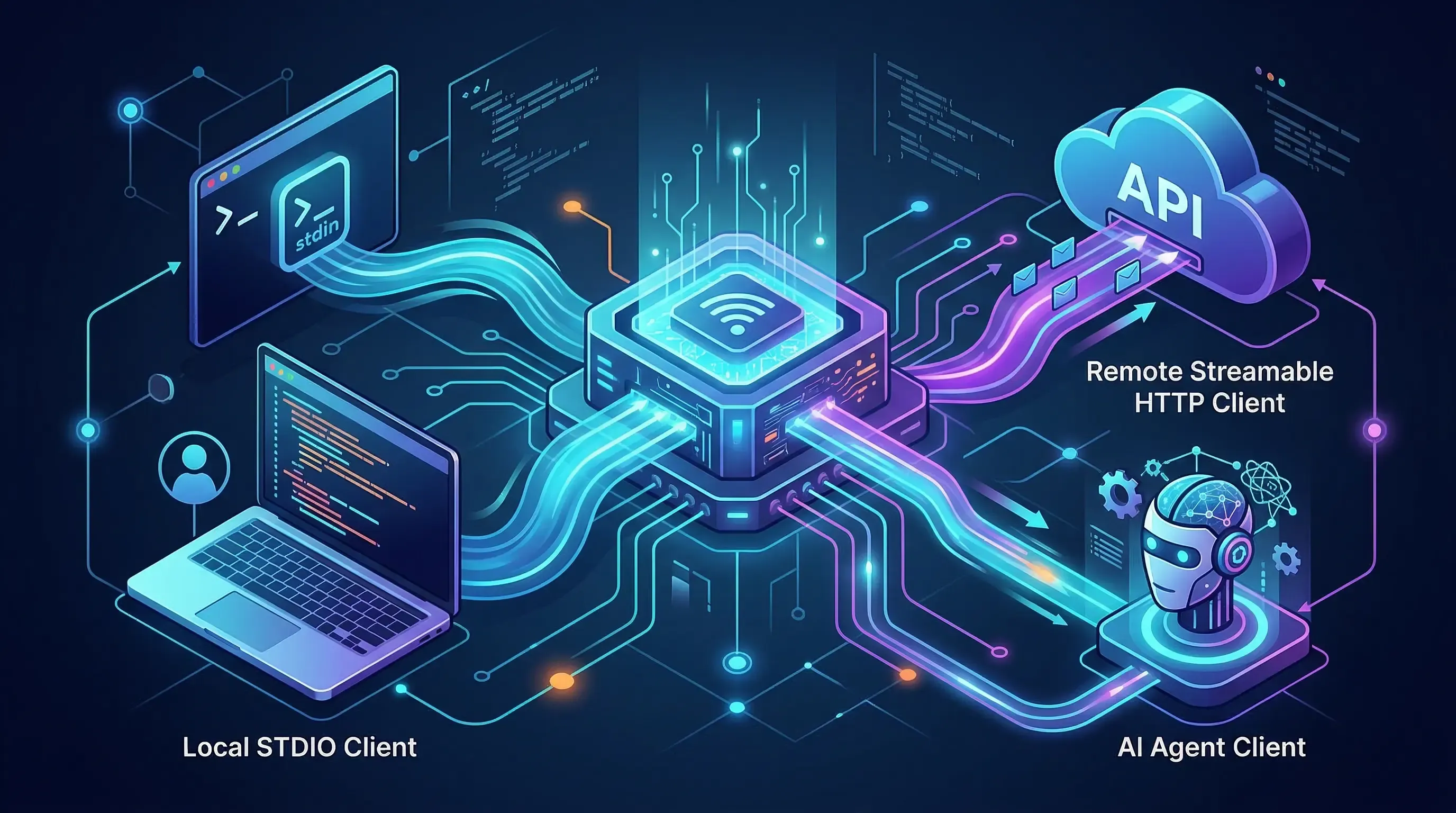 Illustration of a FastMCP server serving both local STDIO clients and remote Streamable HTTP clients