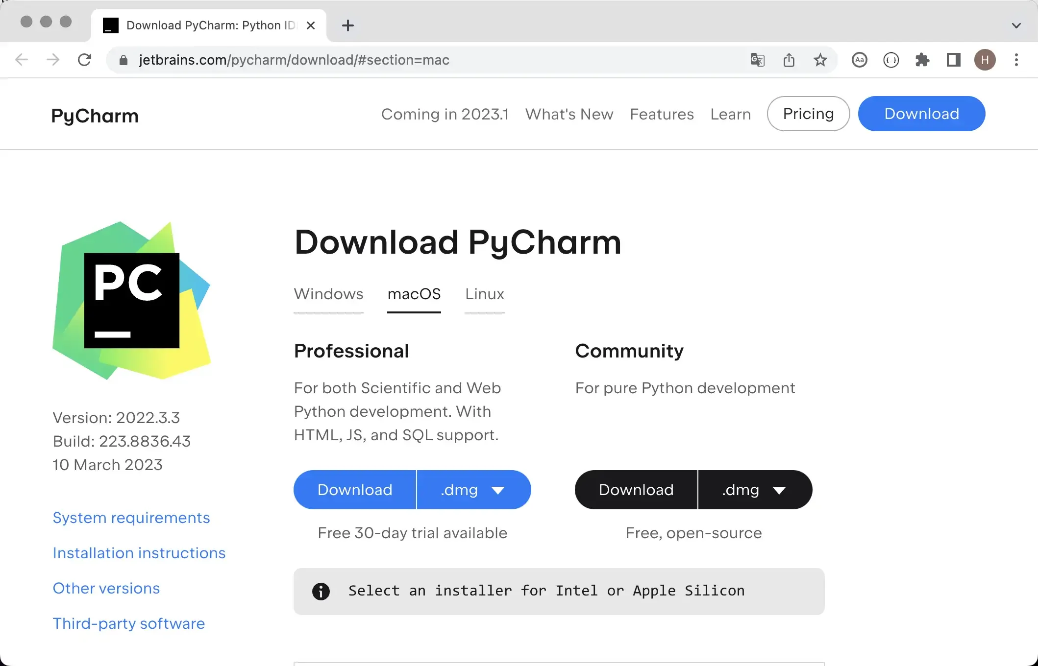 PyCharm Download Page